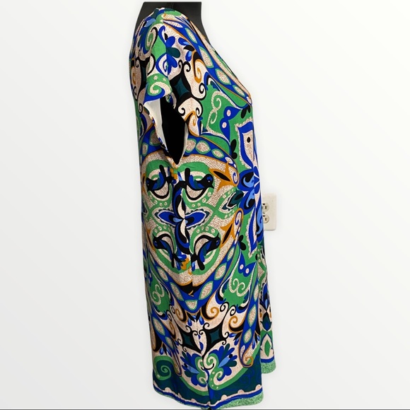 Maeve Sheath Dress Medium Blue Green Tan Print Pullover V-neck Sleeveless - Picture 4 of 7